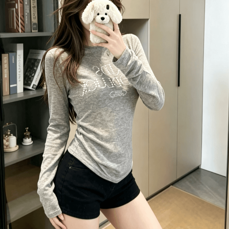 실사 아메리칸 진주 핫픽스 긴팔 티셔츠 여성 여름 이른 가을 몸매 가꾸기 얇은 스타일 자외선 차단 블라우스 가면 tee 상세 이미지 7