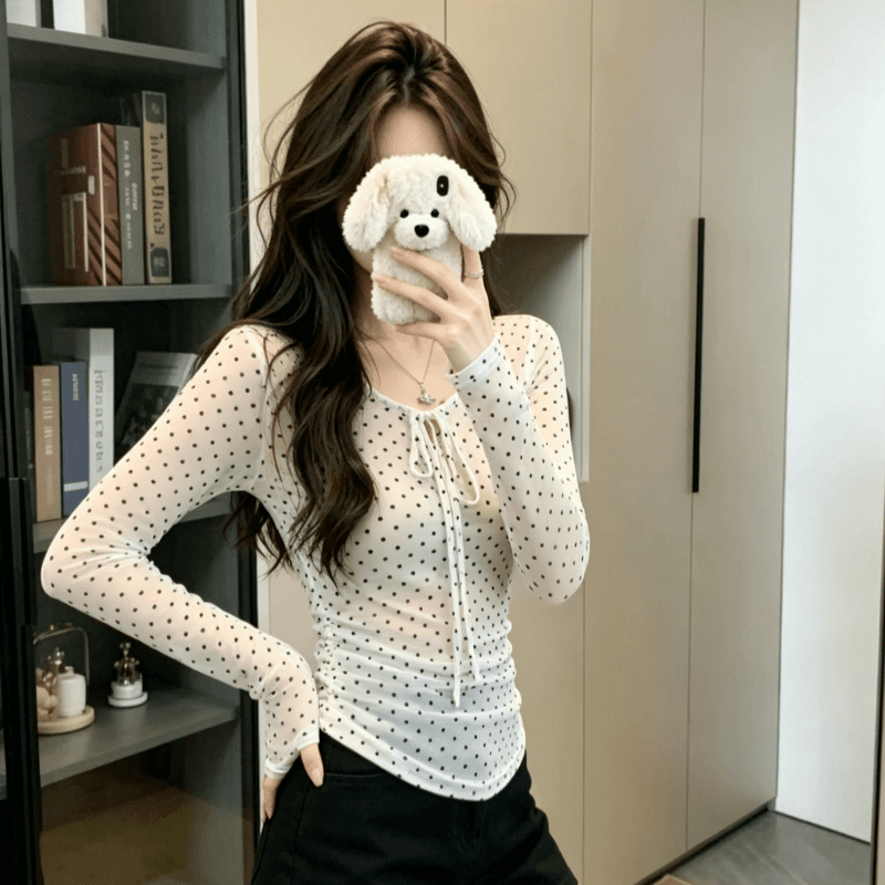 실사 한 부서 나비 매듭 도트 무늬 V넥 긴팔 티셔츠 여성 조기 봄 망사 순수한 욕망 마이크로 ~을 통해 만나는 맨위 상세 이미지 1