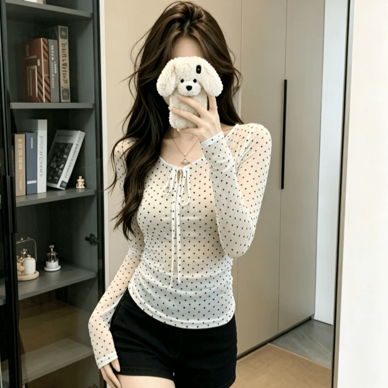 실사 한 부서 나비 매듭 도트 무늬 V넥 긴팔 티셔츠 여성 조기 봄 망사 순수한 욕망 마이크로 ~을 통해 만나는 맨위 상세 이미지 3