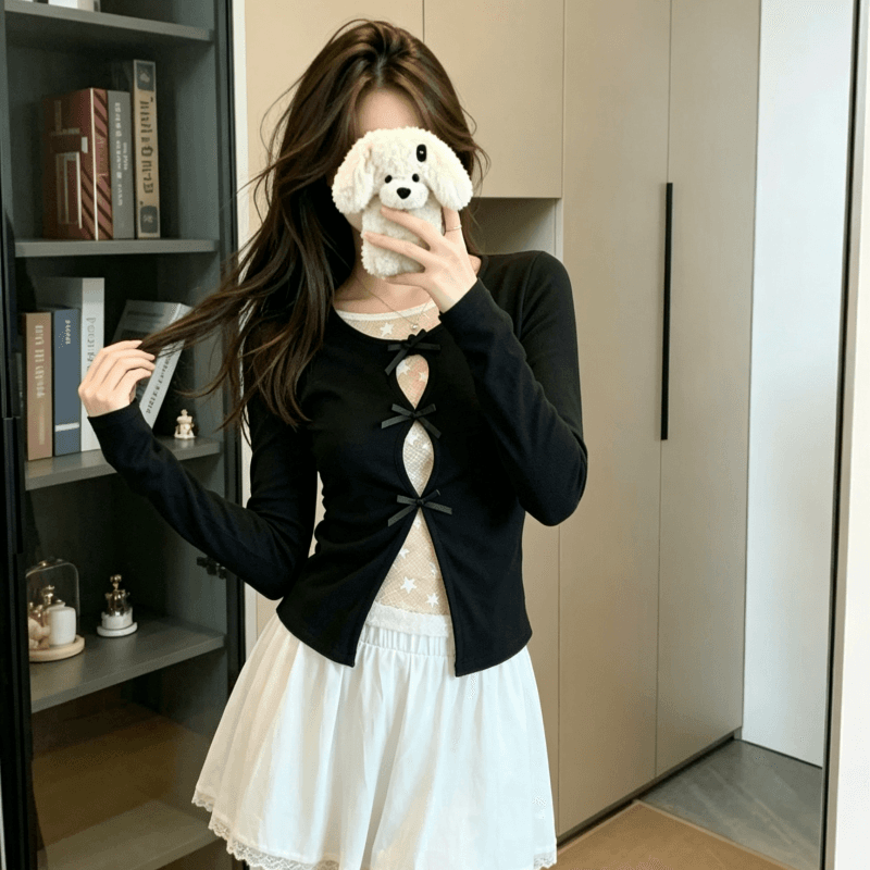 실사 순면 리브 220 그램 긴팔 티셔츠 여성 봄 가을 얇은 페이크 레이어드 홀로우 아웃 레이스 기본 셔츠 이미지 4