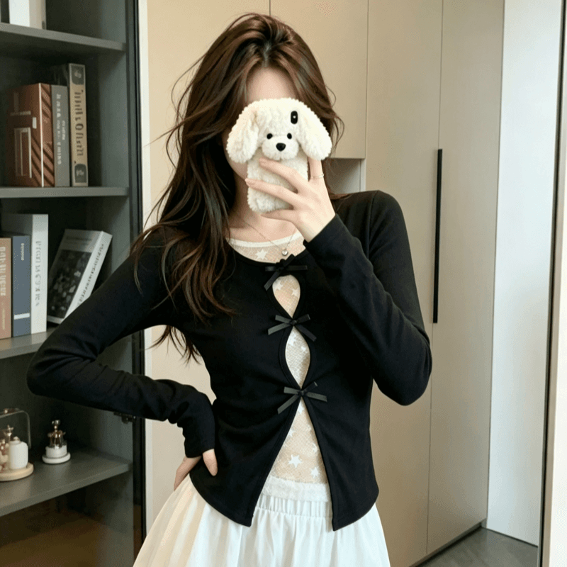 실사 순면 리브 220 그램 긴팔 티셔츠 여성 봄 가을 얇은 페이크 레이어드 홀로우 아웃 레이스 기본 셔츠