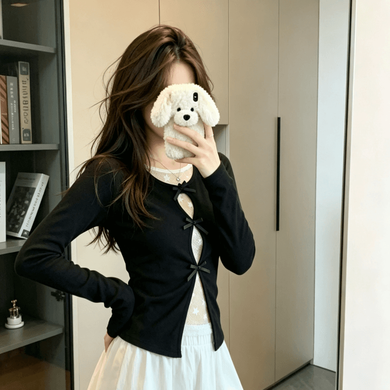 실사 순면 리브 220 그램 긴팔 티셔츠 여성 봄 가을 얇은 페이크 레이어드 홀로우 아웃 레이스 기본 셔츠 이미지 5