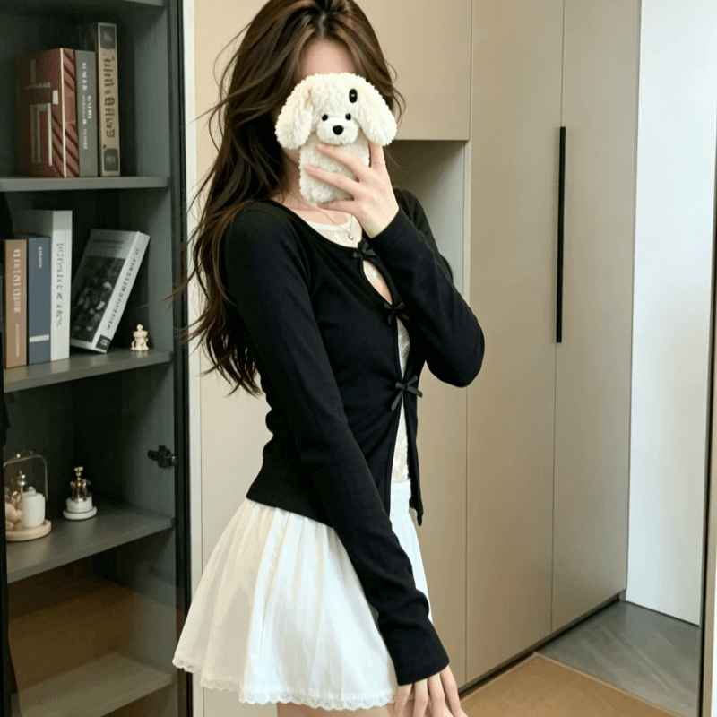 실사 순면 리브 220 그램 긴팔 티셔츠 여성 봄 가을 얇은 페이크 레이어드 홀로우 아웃 레이스 기본 셔츠 상세 이미지 5