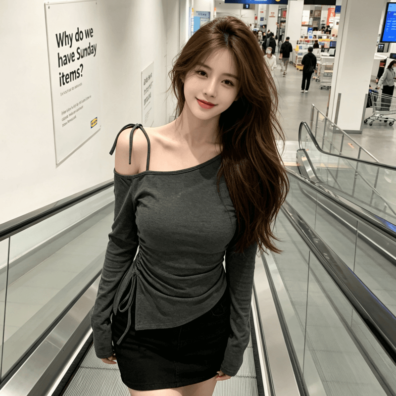 실사 레트로 비스듬한 칼라 긴팔 핫걸 몸매 가꾸기 슬림해 보이는 불규칙 펌프 로프 스트랩 맨위