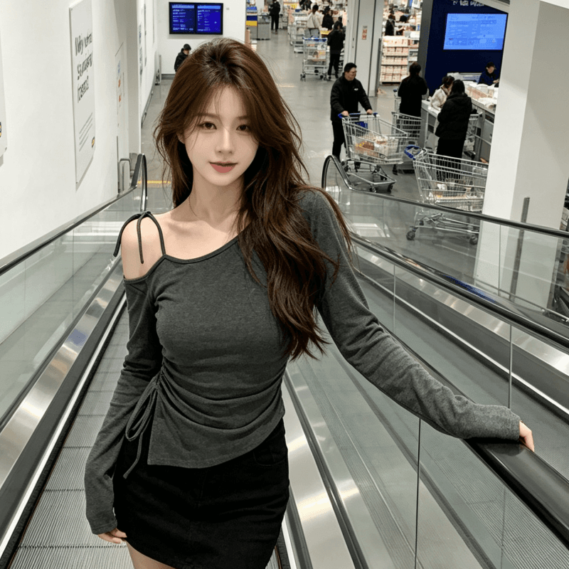 실사 레트로 비스듬한 칼라 긴팔 핫걸 몸매 가꾸기 슬림해 보이는 불규칙 펌프 로프 스트랩 맨위 이미지 5