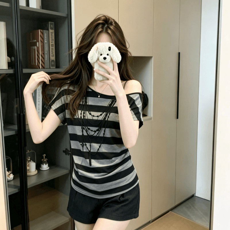 실사 순면 아메리칸 핫걸 바람 스트라이프 비스듬한 어깨 반팔 티셔츠 여성 여름 루즈핏 디자인 센스 느긋한 바람 맨위