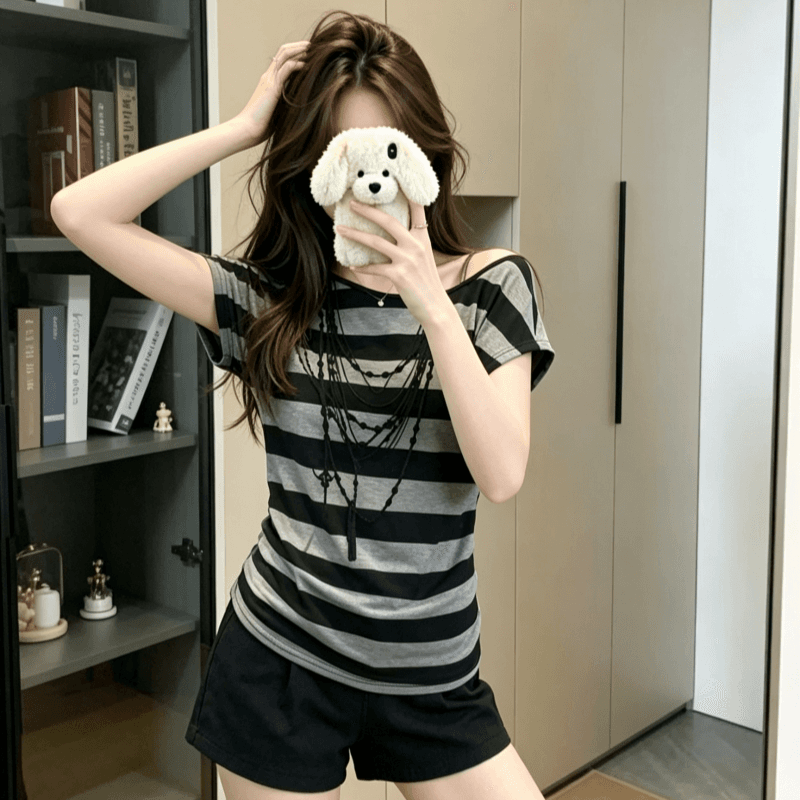 실사 순면 아메리칸 핫걸 바람 스트라이프 비스듬한 어깨 반팔 티셔츠 여성 여름 루즈핏 디자인 센스 느긋한 바람 맨위 이미지 5