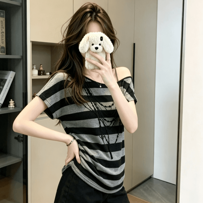 실사 순면 아메리칸 핫걸 바람 스트라이프 비스듬한 어깨 반팔 티셔츠 여성 여름 루즈핏 디자인 센스 느긋한 바람 맨위 상세 이미지 5