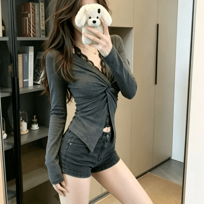 실사 한 부서 페이크 레이어드 레이스 긴팔 티셔츠 여성 가을 순수한 욕망 핫걸 비틀림 행침 목 기본 셔츠 맨위 상세 이미지 3