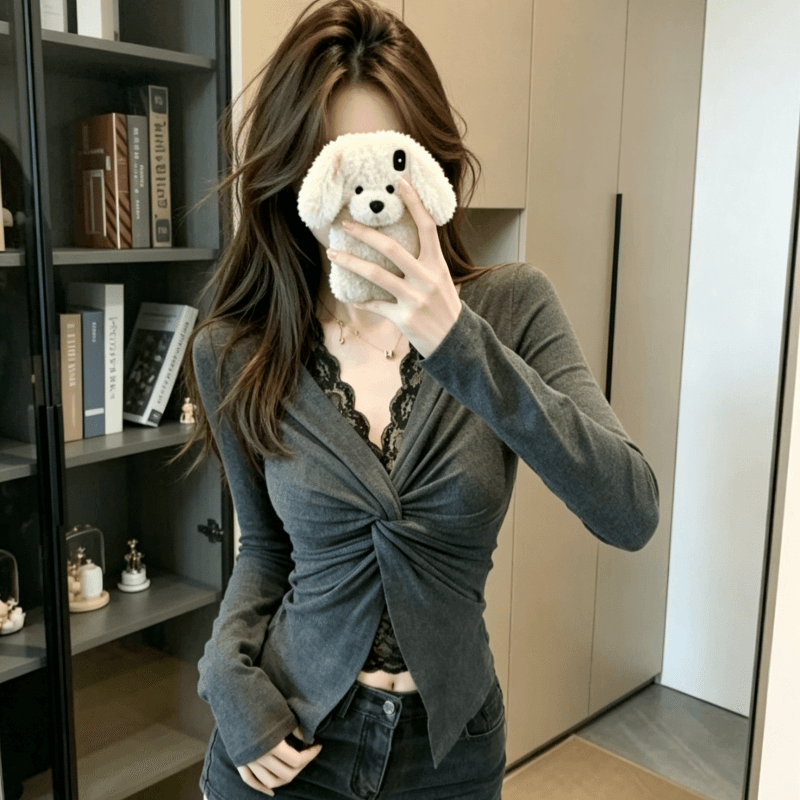 실사 한 부서 페이크 레이어드 레이스 긴팔 티셔츠 여성 가을 순수한 욕망 핫걸 비틀림 행침 목 기본 셔츠 맨위 상세 이미지 4