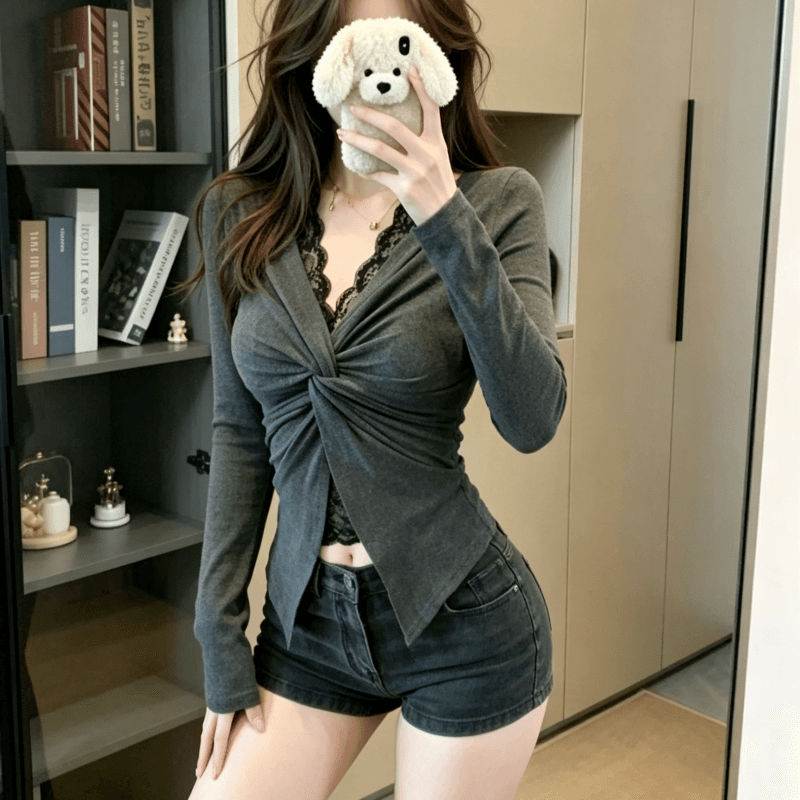 실사 한 부서 페이크 레이어드 레이스 긴팔 티셔츠 여성 가을 순수한 욕망 핫걸 비틀림 행침 목 기본 셔츠 맨위 상세 이미지 6