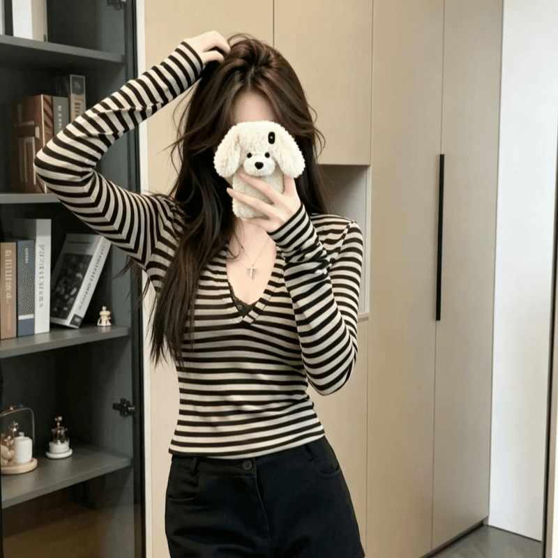 실사 외국 가스 고유 한 Chic V넥 긴팔 티셔츠 여성 디자인 센스 스트라이프 몸매 가꾸기 인사이드 가져 가라. 만나는 맨위 이미지 2