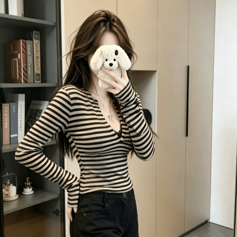 실사 외국 가스 고유 한 Chic V넥 긴팔 티셔츠 여성 디자인 센스 스트라이프 몸매 가꾸기 인사이드 가져 가라. 만나는 맨위 상세 이미지 4