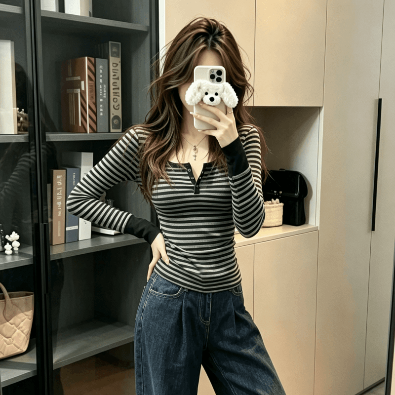 실사 긴팔 티셔츠 기본 셔츠 여성 봄 가을 얇은 새로운 아메리칸 스트라이프 긍정적 인 어깨 몸매 가꾸기 단추 u 칼라 맨위 상세 이미지 5