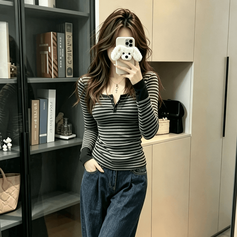 실사 긴팔 티셔츠 기본 셔츠 여성 봄 가을 얇은 새로운 아메리칸 스트라이프 긍정적 인 어깨 몸매 가꾸기 단추 u 칼라 맨위 상세 이미지 6