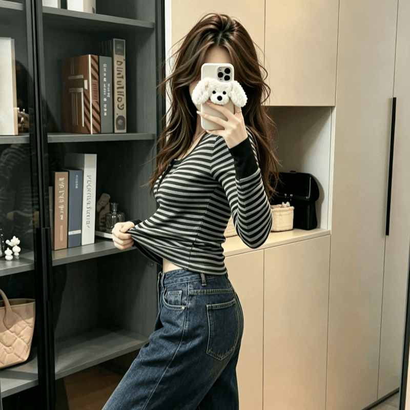 실사 긴팔 티셔츠 기본 셔츠 여성 봄 가을 얇은 새로운 아메리칸 스트라이프 긍정적 인 어깨 몸매 가꾸기 단추 u 칼라 맨위 상세 이미지 8