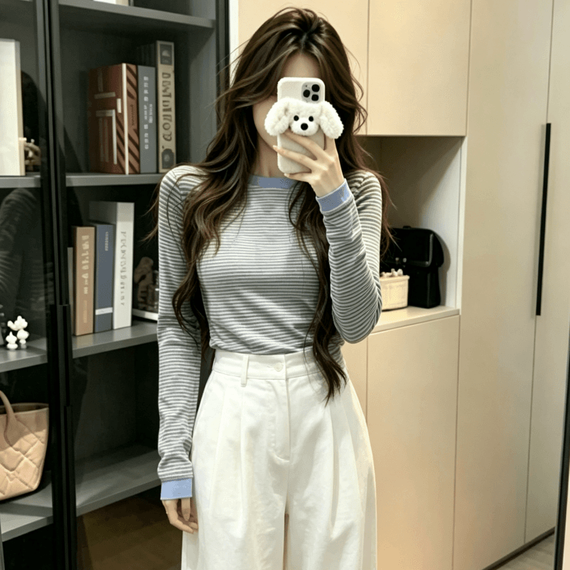 실사 긴팔 티셔츠 여성 2026 봄 가을 새로운 스트라이프 얇은 스타일 몸매 가꾸기 기본 셔츠 라운드 넥 맨위 상세 이미지 6