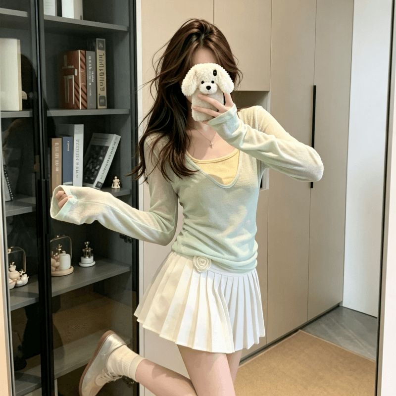 실사 박하 녹색 얇은 스타일 스택 착용 V넥 자외선 차단 긴팔 티셔츠 여성 여름 슬림해 보이는 긍정적 인 어깨 단색 맨위