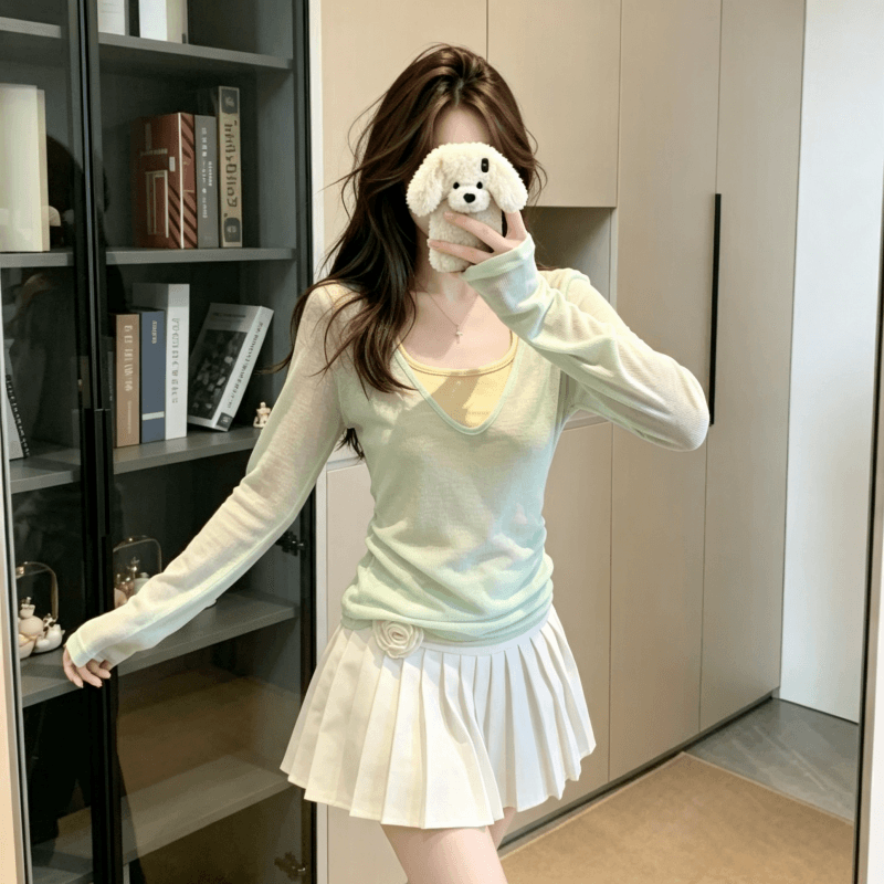 실사 박하 녹색 얇은 스타일 스택 착용 V넥 자외선 차단 긴팔 티셔츠 여성 여름 슬림해 보이는 긍정적 인 어깨 단색 맨위 이미지 2