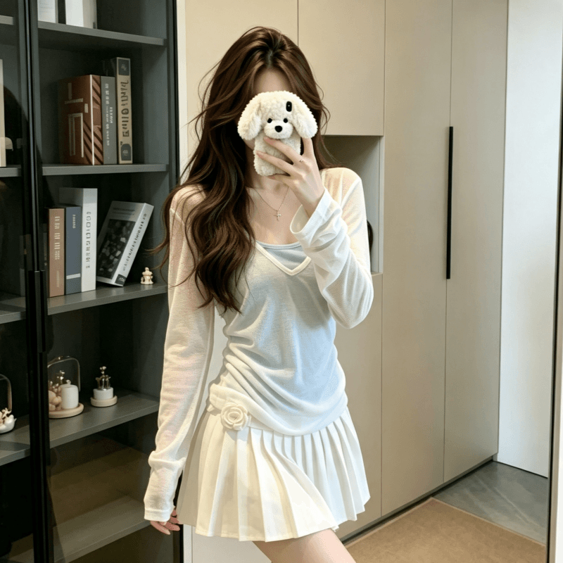 실사 박하 녹색 얇은 스타일 스택 착용 V넥 자외선 차단 긴팔 티셔츠 여성 여름 슬림해 보이는 긍정적 인 어깨 단색 맨위 이미지 4