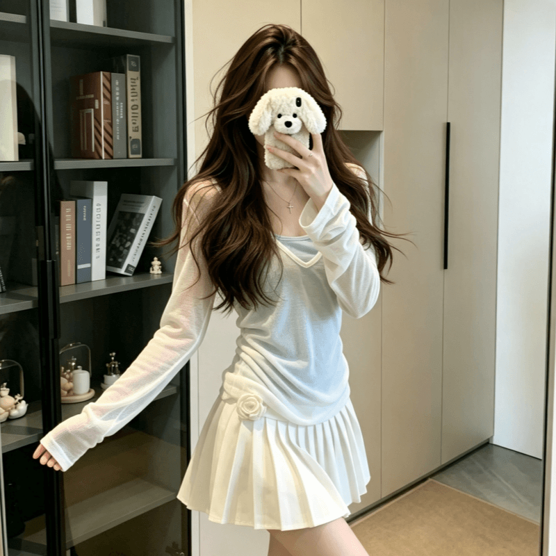실사 박하 녹색 얇은 스타일 스택 착용 V넥 자외선 차단 긴팔 티셔츠 여성 여름 슬림해 보이는 긍정적 인 어깨 단색 맨위 상세 이미지 4