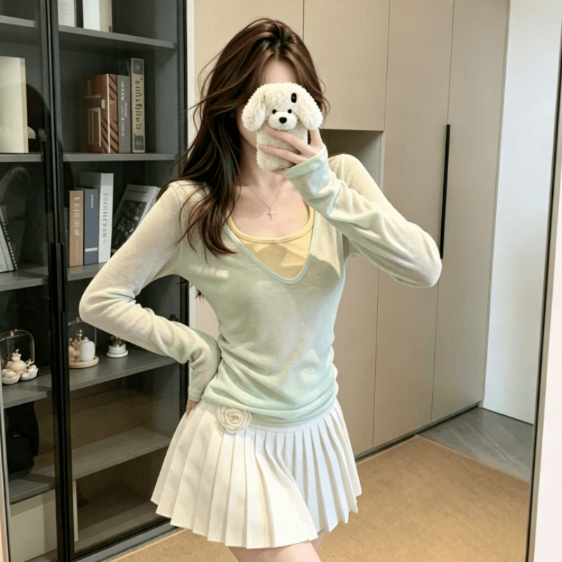 실사 박하 녹색 얇은 스타일 스택 착용 V넥 자외선 차단 긴팔 티셔츠 여성 여름 슬림해 보이는 긍정적 인 어깨 단색 맨위 상세 이미지 5