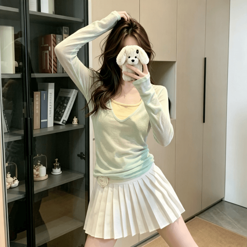 실사 박하 녹색 얇은 스타일 스택 착용 V넥 자외선 차단 긴팔 티셔츠 여성 여름 슬림해 보이는 긍정적 인 어깨 단색 맨위 상세 이미지 6