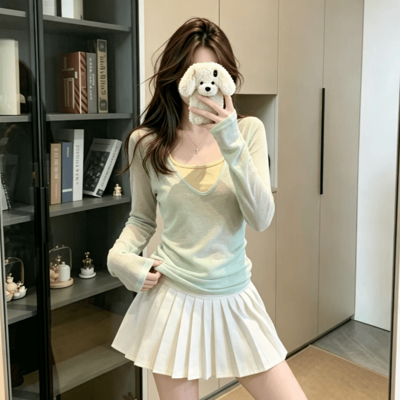 실사 박하 녹색 얇은 스타일 스택 착용 V넥 자외선 차단 긴팔 티셔츠 여성 여름 슬림해 보이는 긍정적 인 어깨 단색 맨위 상세 이미지 7