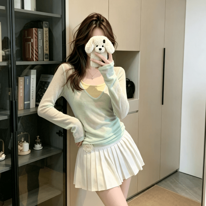 실사 박하 녹색 얇은 스타일 스택 착용 V넥 자외선 차단 긴팔 티셔츠 여성 여름 슬림해 보이는 긍정적 인 어깨 단색 맨위 상세 이미지 8
