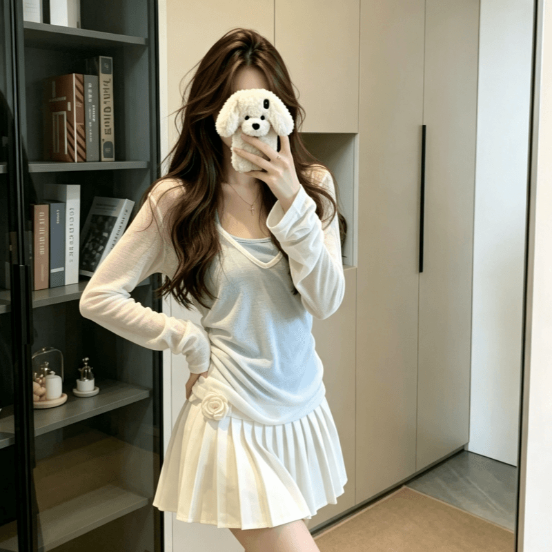 실사 박하 녹색 얇은 스타일 스택 착용 V넥 자외선 차단 긴팔 티셔츠 여성 여름 슬림해 보이는 긍정적 인 어깨 단색 맨위 상세 이미지 13