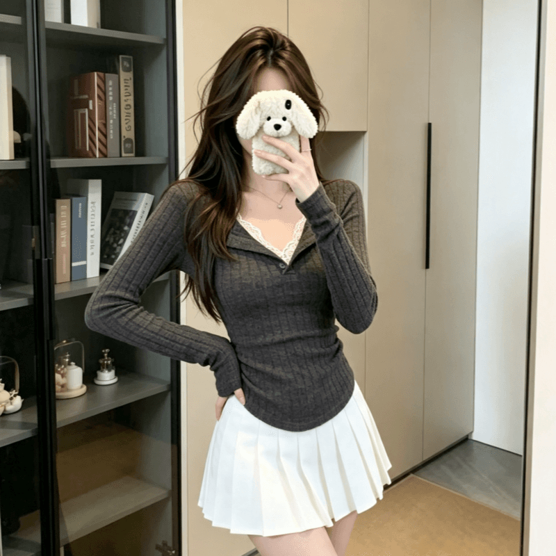 실사 아메리칸 레이스 조각 페이크 레이어드 티셔츠 빅 사이즈 여성 의류 인사이드 가져 가라. 가을 다용도 몸매 가꾸기 맨위 이미지 3