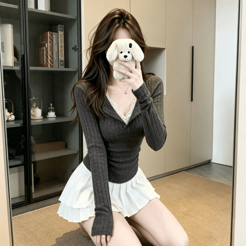 실사 아메리칸 레이스 조각 페이크 레이어드 티셔츠 빅 사이즈 여성 의류 인사이드 가져 가라. 가을 다용도 몸매 가꾸기 맨위