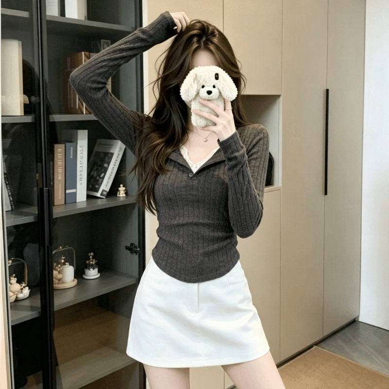 실사 아메리칸 레이스 조각 페이크 레이어드 티셔츠 빅 사이즈 여성 의류 인사이드 가져 가라. 가을 다용도 몸매 가꾸기 맨위 상세 이미지 2
