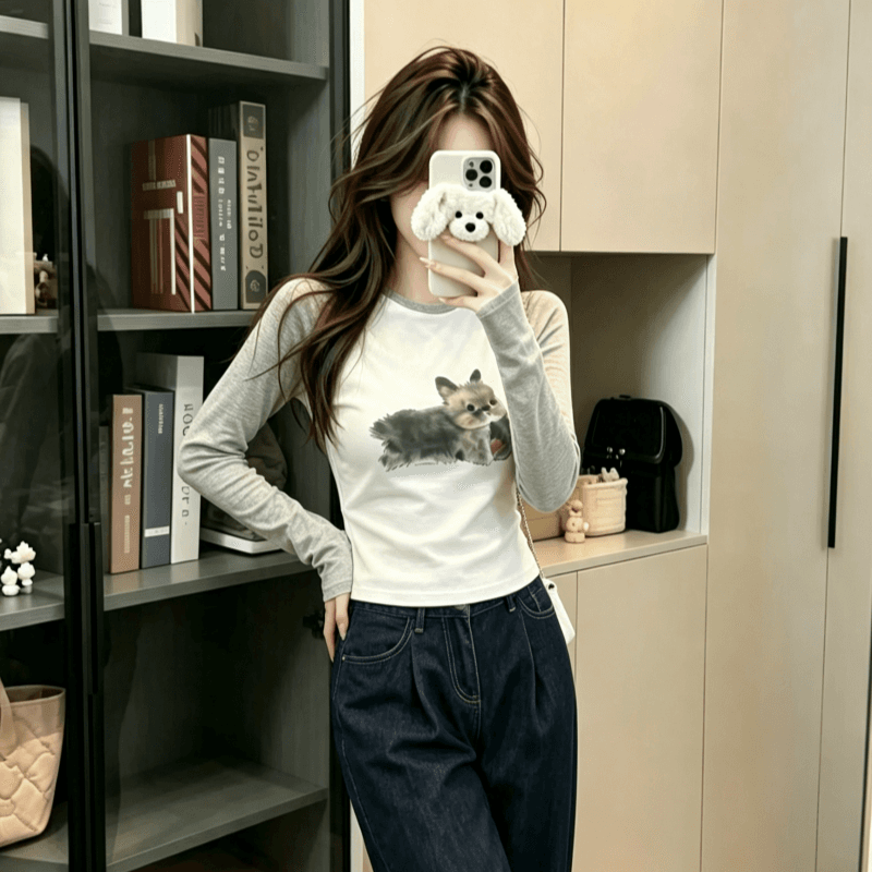 실사 순면 리브 긴팔 티셔츠 여성 의류 봄 가을 얇은 새로운 한 부서 인쇄 플라워 인서트 어깨 소매 라운드 넥 맨위 상세 이미지 2
