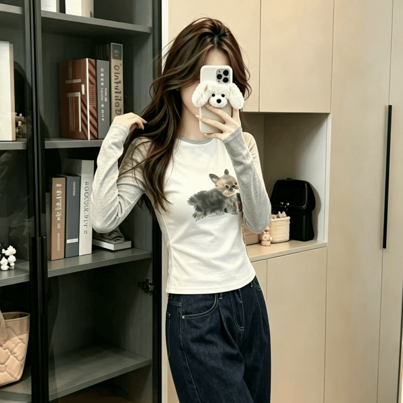 실사 순면 리브 긴팔 티셔츠 여성 의류 봄 가을 얇은 새로운 한 부서 인쇄 플라워 인서트 어깨 소매 라운드 넥 맨위 상세 이미지 3