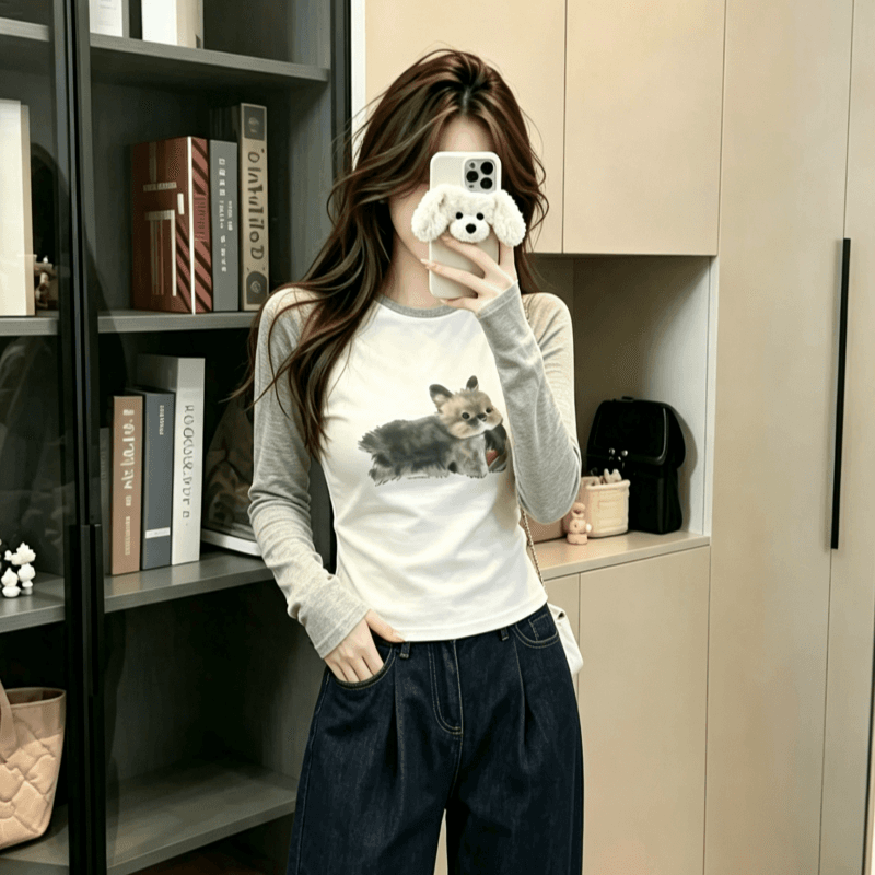 실사 순면 리브 긴팔 티셔츠 여성 의류 봄 가을 얇은 새로운 한 부서 인쇄 플라워 인서트 어깨 소매 라운드 넥 맨위 상세 이미지 6
