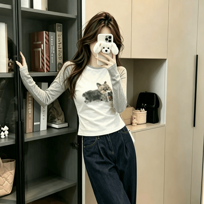 실사 순면 리브 긴팔 티셔츠 여성 의류 봄 가을 얇은 새로운 한 부서 인쇄 플라워 인서트 어깨 소매 라운드 넥 맨위 상세 이미지 7