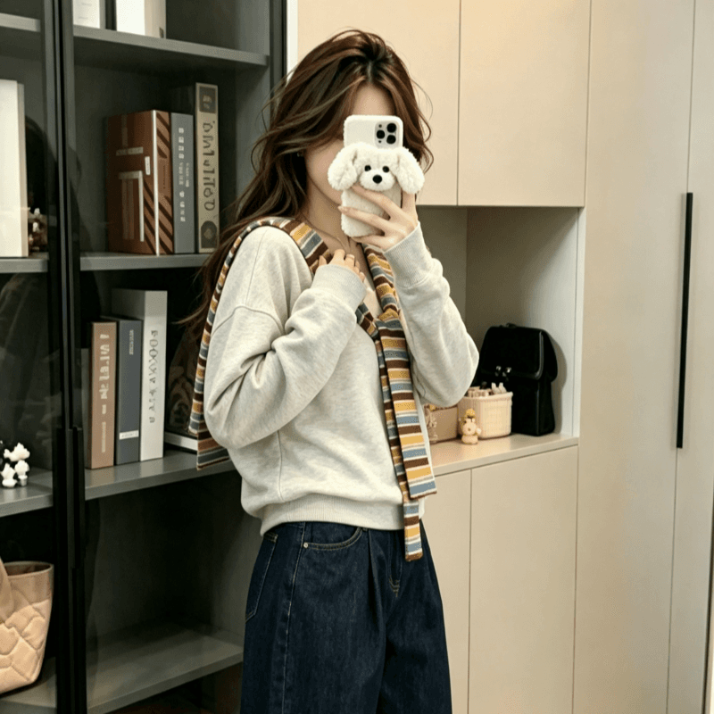 실사 긴팔 티셔츠 후드티 여성 이른 봄 새로운 트렌디 스트라이프 숄 페이크 레이어드 루즈핏 V넥 한국 스타일 맨위 이미지 3