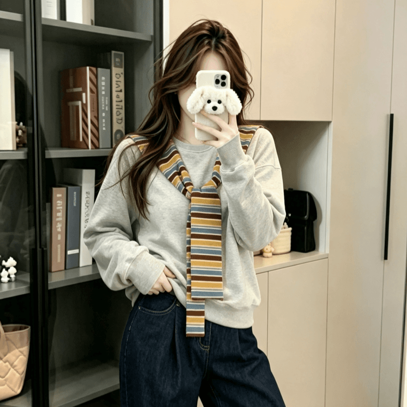 실사 긴팔 티셔츠 후드티 여성 이른 봄 새로운 트렌디 스트라이프 숄 페이크 레이어드 루즈핏 V넥 한국 스타일 맨위 이미지 2