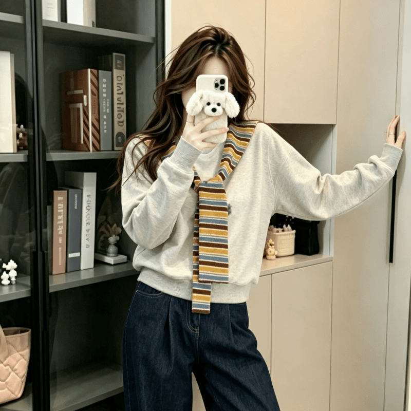 실사 긴팔 티셔츠 후드티 여성 이른 봄 새로운 트렌디 스트라이프 숄 페이크 레이어드 루즈핏 V넥 한국 스타일 맨위