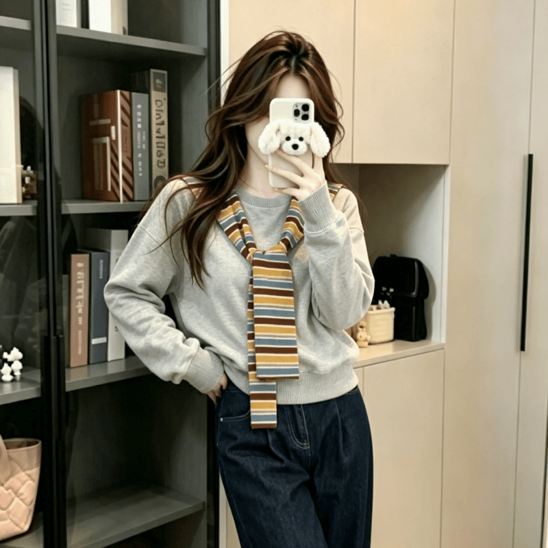 실사 긴팔 티셔츠 후드티 여성 이른 봄 새로운 트렌디 스트라이프 숄 페이크 레이어드 루즈핏 V넥 한국 스타일 맨위 상세 이미지 4