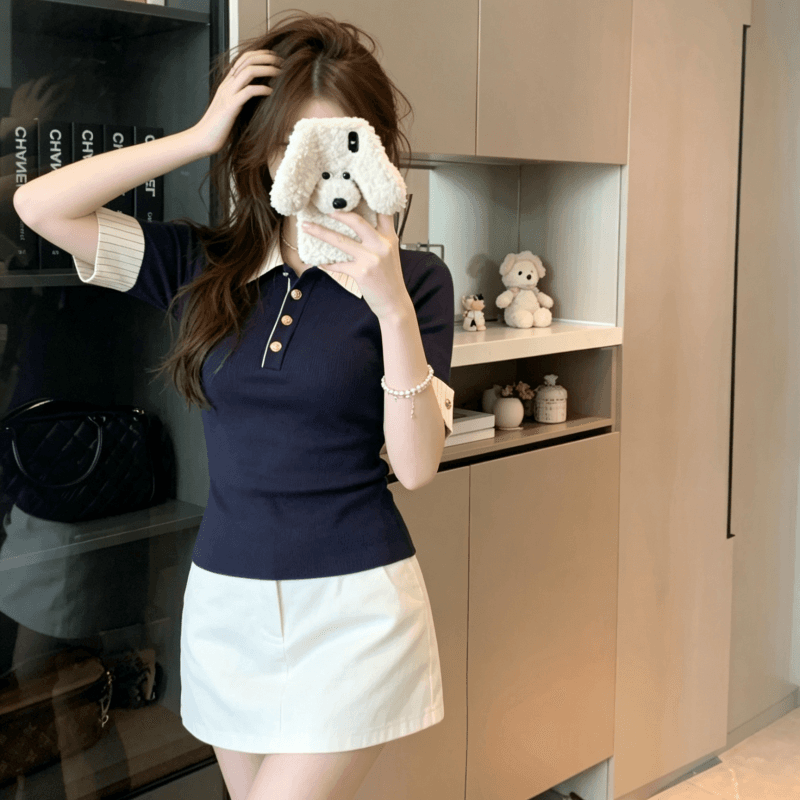 실사 POLO 칼라 배색 페이크 레이어드 긍정적 인 어깨 반팔 티셔츠 여성 여름 디자인 센스 작은 대중 몸매 가꾸기 슬림해 보이는 맨위 상세 이미지 3