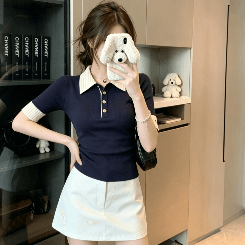 실사 POLO 칼라 배색 페이크 레이어드 긍정적 인 어깨 반팔 티셔츠 여성 여름 디자인 센스 작은 대중 몸매 가꾸기 슬림해 보이는 맨위 상세 이미지 5