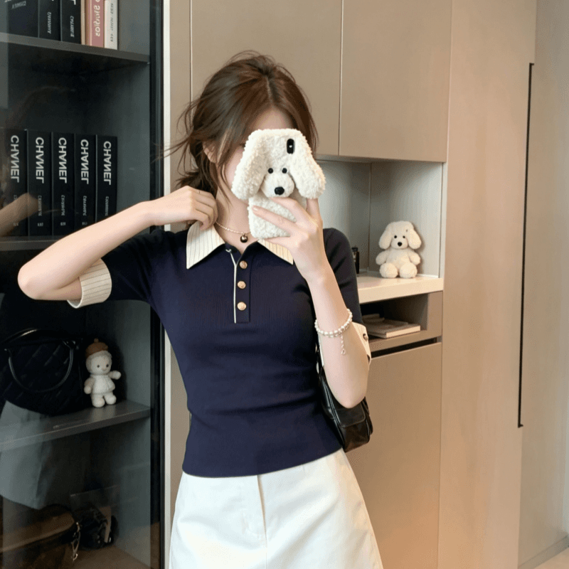 실사 POLO 칼라 배색 페이크 레이어드 긍정적 인 어깨 반팔 티셔츠 여성 여름 디자인 센스 작은 대중 몸매 가꾸기 슬림해 보이는 맨위 상세 이미지 7