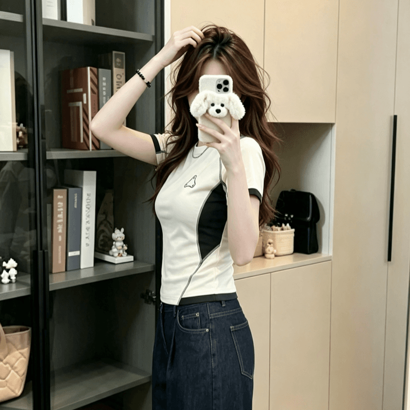 실사 순면 리브 220 그램 반팔 티셔츠 여성 의류 여름 새로운 디자인 센스 삽입 색상 라운드 넥 맨위 상세 이미지 3
