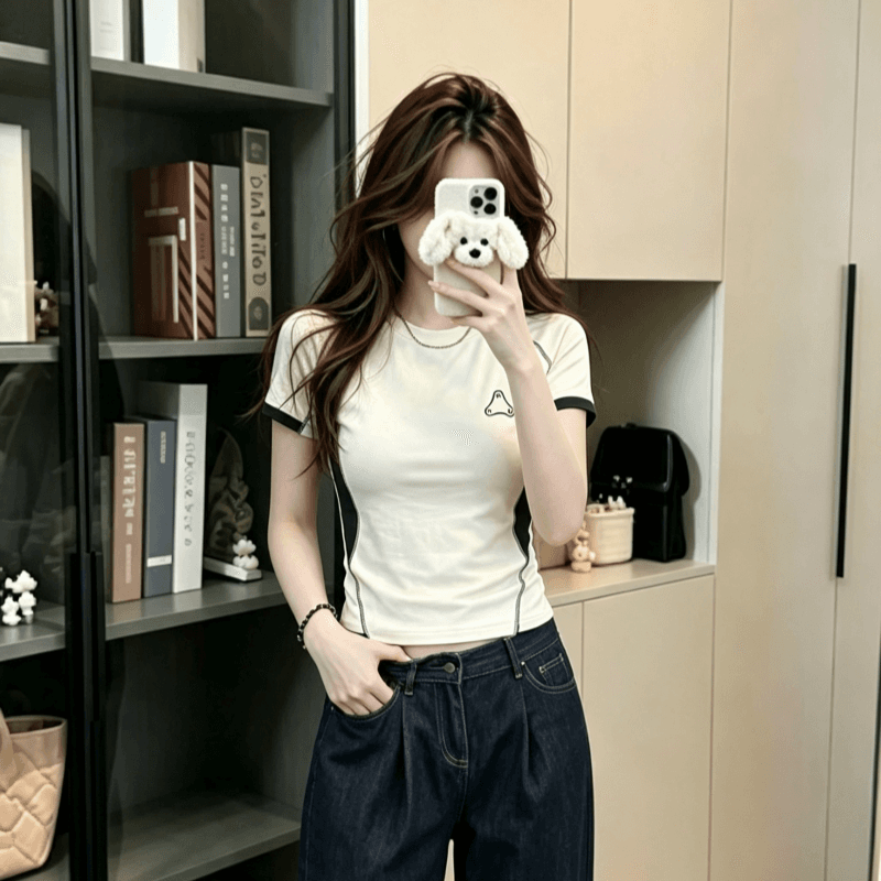 실사 순면 리브 220 그램 반팔 티셔츠 여성 의류 여름 새로운 디자인 센스 삽입 색상 라운드 넥 맨위 상세 이미지 5