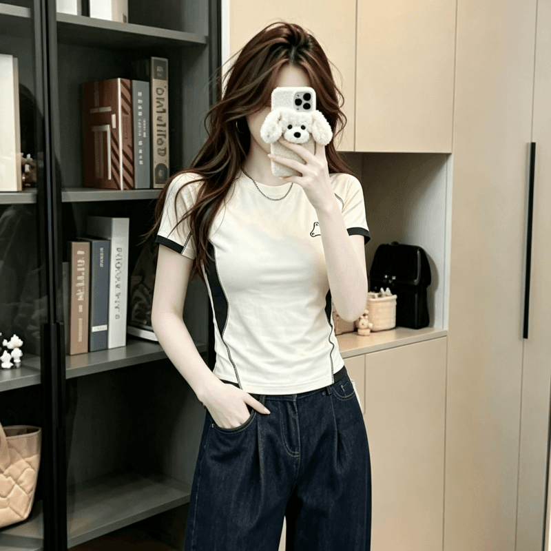 실사 순면 리브 220 그램 반팔 티셔츠 여성 의류 여름 새로운 디자인 센스 삽입 색상 라운드 넥 맨위 상세 이미지 8