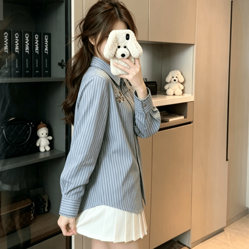 실사 레트로 자수 나비 파란색 스트라이프 여성 셔츠 2026 가을 새로운 셔츠 고급 센스 스택 착용 상세 이미지 5