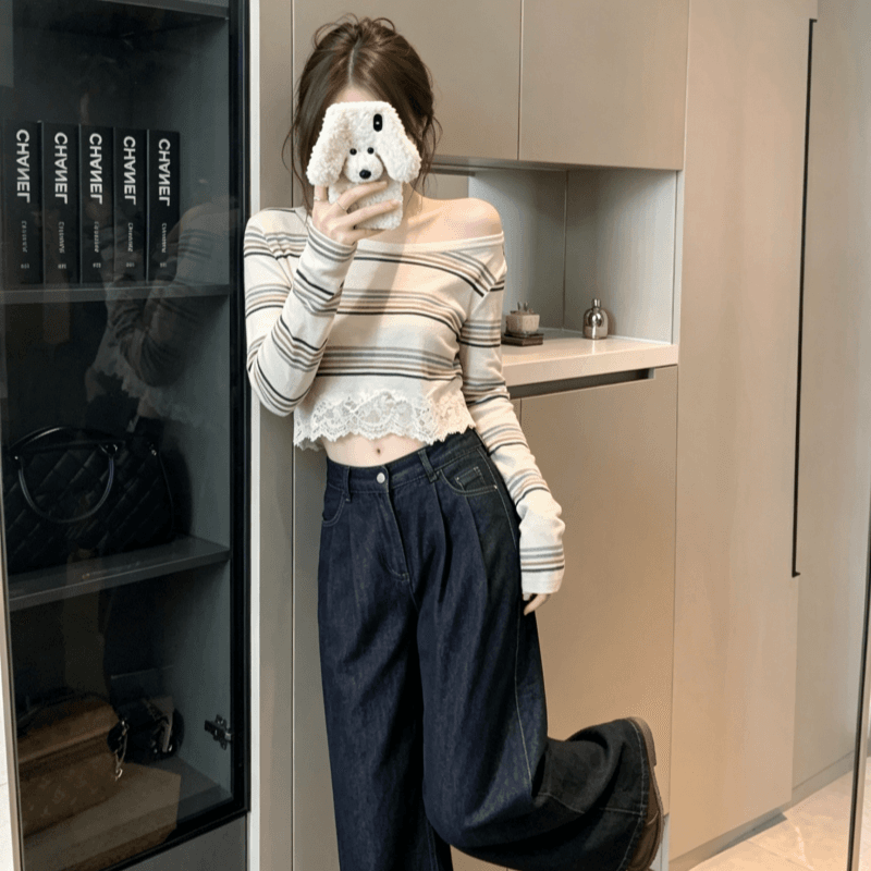 실사 순수한 욕망 섹시함 스트라이프 오프숄더 긴팔 티셔츠 여성 의류 여름 몸매 가꾸기 슬림해 보이는 쇼트 스타일 레이스 조각 맨위 이미지 3