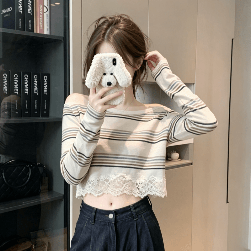 실사 순수한 욕망 섹시함 스트라이프 오프숄더 긴팔 티셔츠 여성 의류 여름 몸매 가꾸기 슬림해 보이는 쇼트 스타일 레이스 조각 맨위 이미지 2